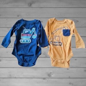 2-Pack Baby Bodysuits with Excavator Graphics - Blue & Mustard